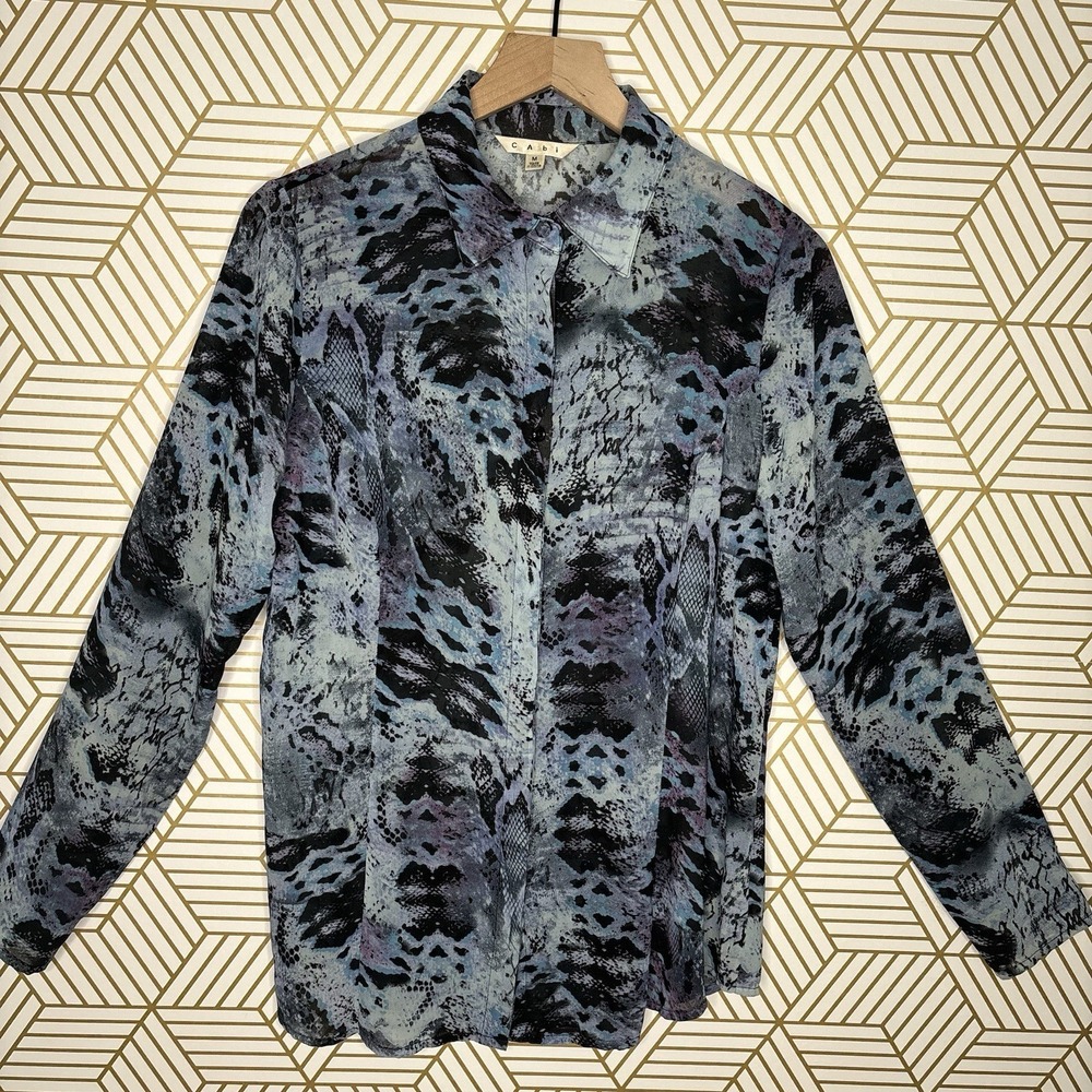 CAbi Top Medium Blue Multicolor Snakeskin Blouse Abstract Chiffon Sheer Indie